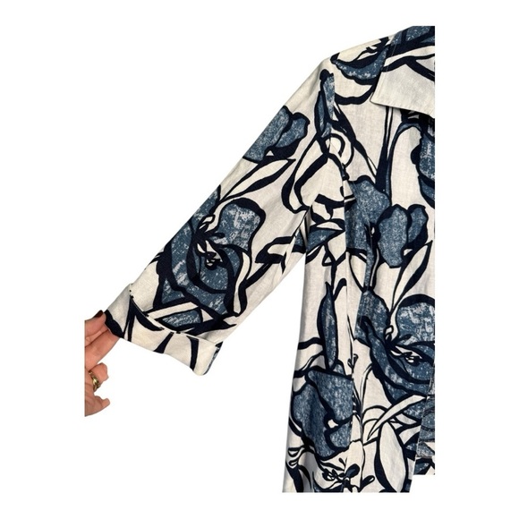 Chicos Navy Linen Blend Navy Black Pattern Open Front Jacket Career Art to Wear - Picture 4 of 15